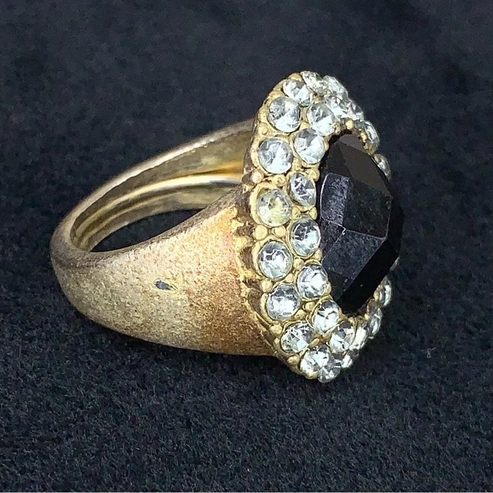 Vintage Cocktail Ring Black Silver Rhinestone Accents Adjustable Fit Goth Glam
